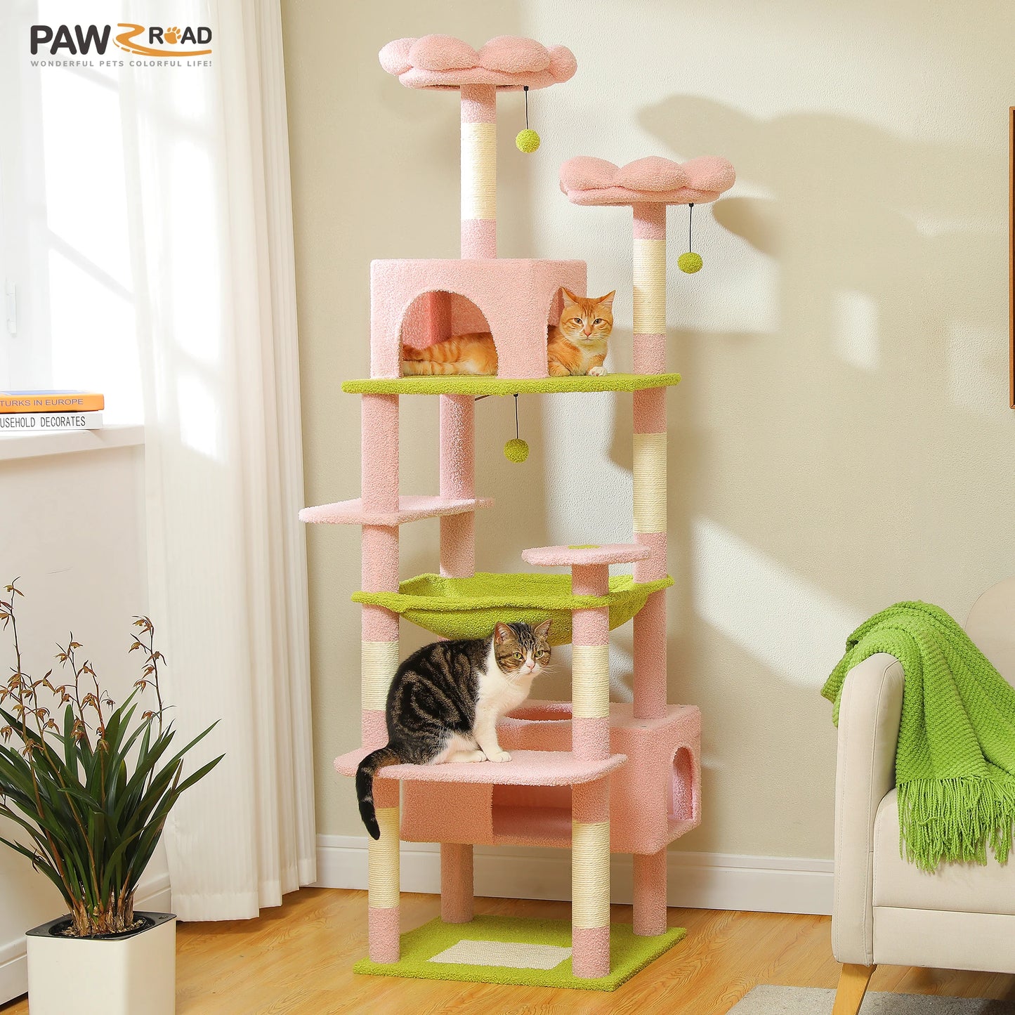 H184CM Large Cat Tower with Sisal Scratching Posts Spacious Condo Perch Stable for Kitten Multi-Level Tower Indoor Cozy Hummocks