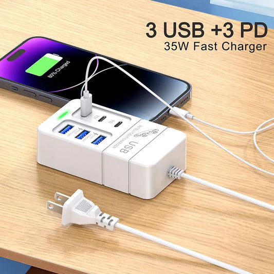 35W Multiport USB Charger PD Type C Fast Charging US Plug Wall Charger USB Hub Adapter 6 Ports USB Quick Mobile Phone Charger