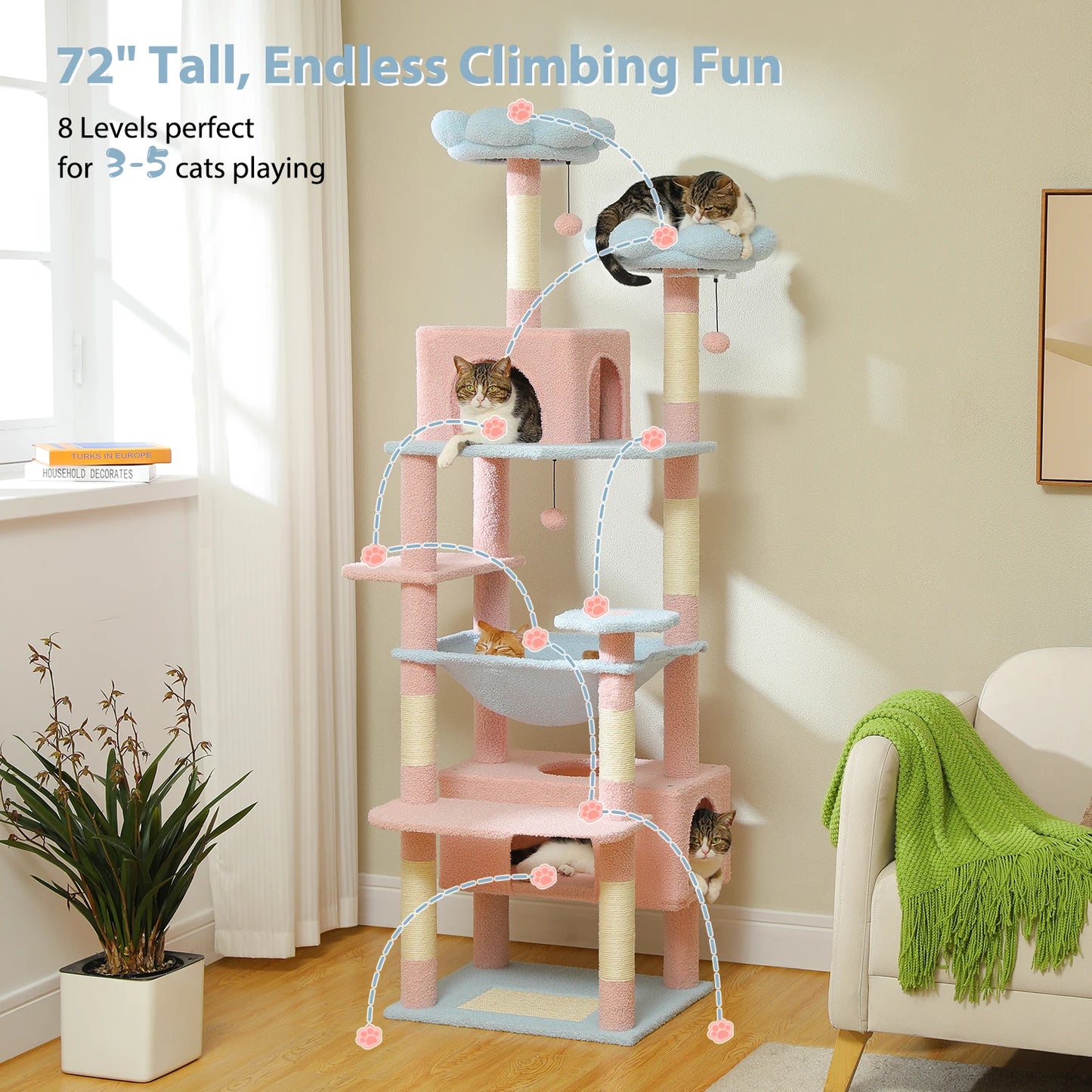 H184CM Large Cat Tower with Sisal Scratching Posts Spacious Condo Perch Stable for Kitten Multi-Level Tower Indoor Cozy Hummocks