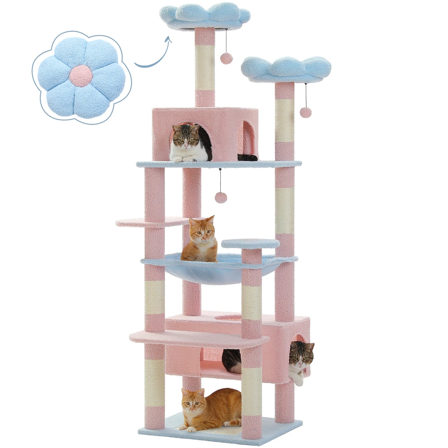 H184CM Large Cat Tower with Sisal Scratching Posts Spacious Condo Perch Stable for Kitten Multi-Level Tower Indoor Cozy Hummocks