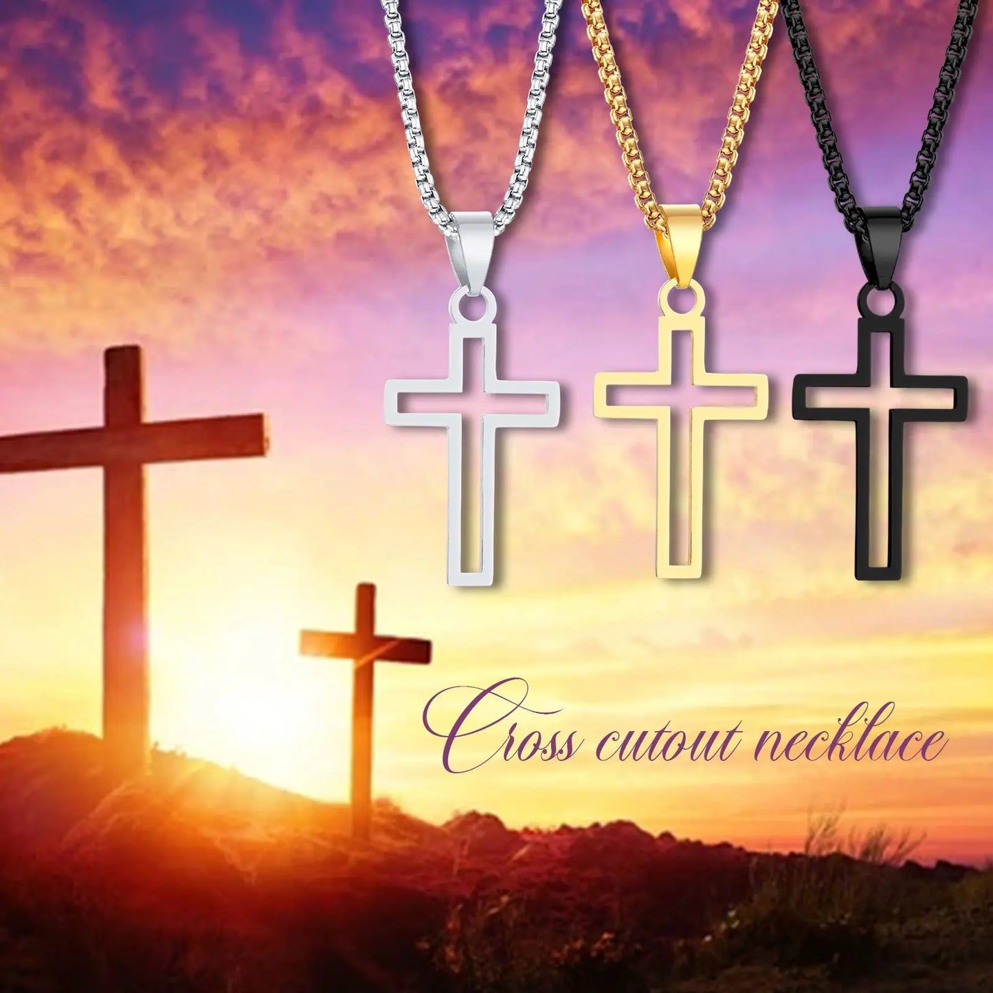 Mens Cutout Cross Necklaces,Waterproof Stainless Steel Hollow Cross Pendant Collar,Religious Faith Christ Gift Jewelry