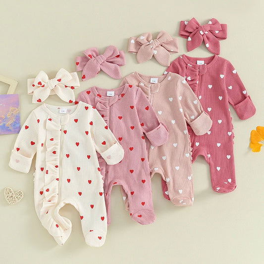 0-6M Newborn Baby Girl Valentines Day Outfit Ruffle Heart Long Sleeve Footie Waffle Romper Headband Set