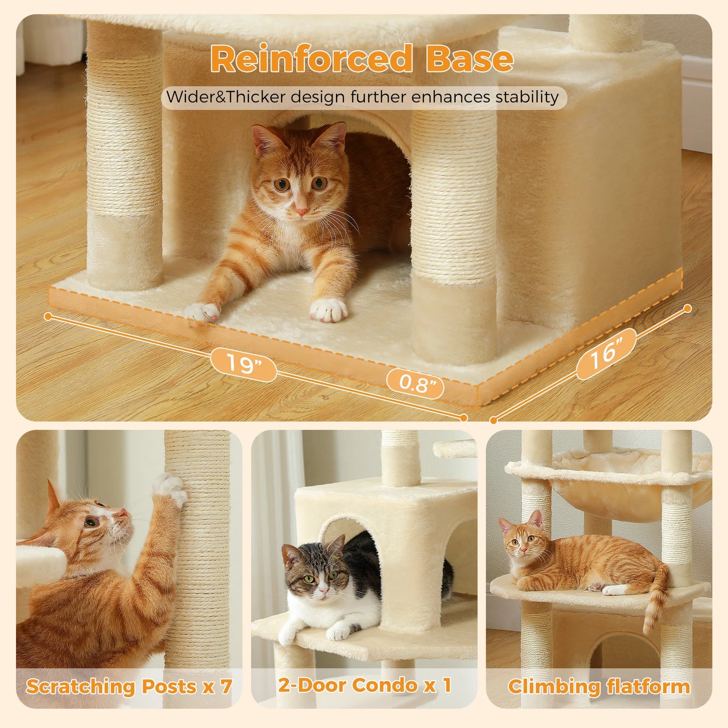 H184CM Large Cat Tower with Sisal Scratching Posts Spacious Condo Perch Stable for Kitten Multi-Level Tower Indoor Cozy Hummocks