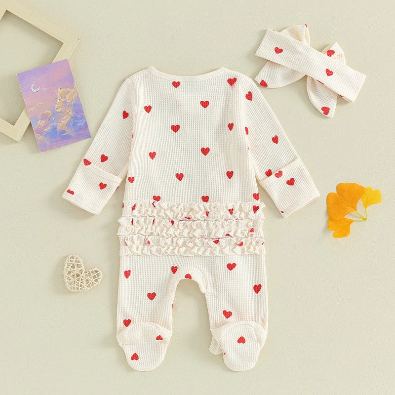 0-6M Newborn Baby Girl Valentines Day Outfit Ruffle Heart Long Sleeve Footie Waffle Romper Headband Set