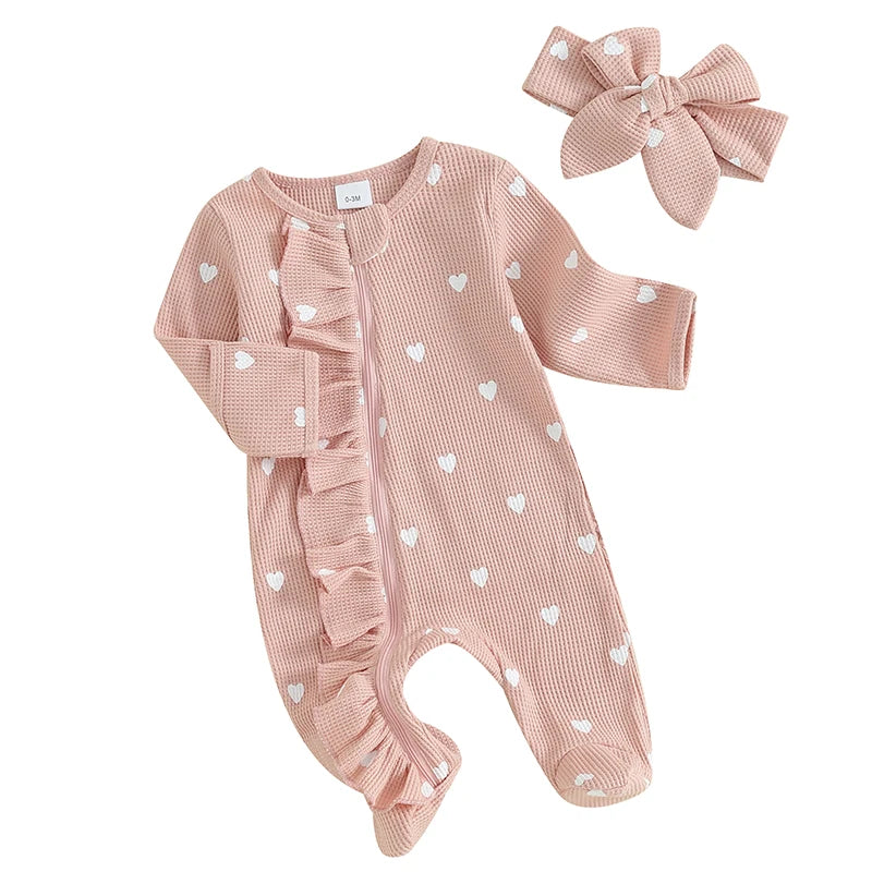 0-6M Newborn Baby Girl Valentines Day Outfit Ruffle Heart Long Sleeve Footie Waffle Romper Headband Set