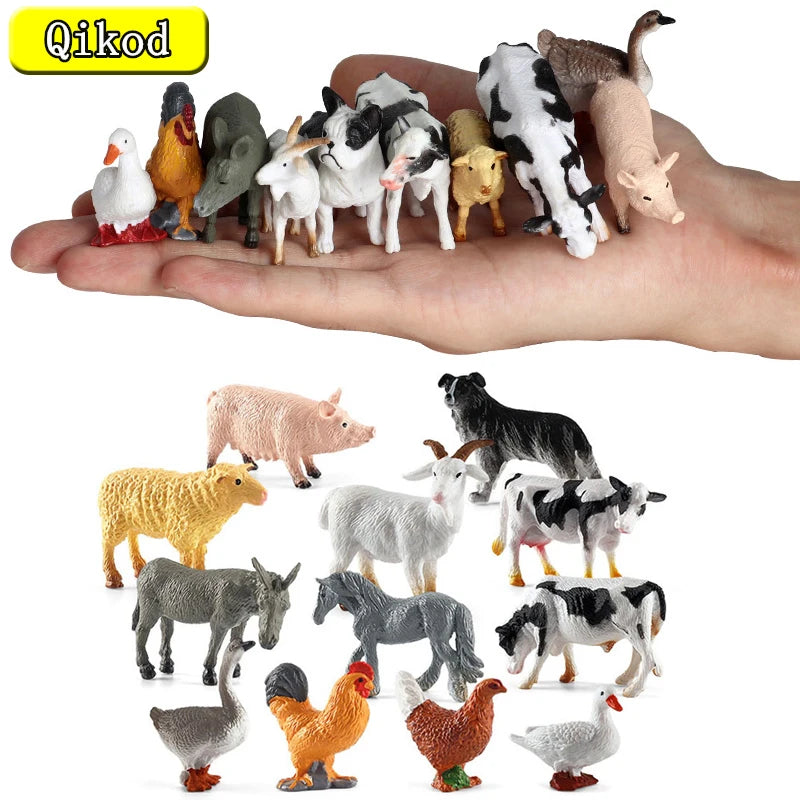 12pcs Simulation Farm Poultry Wild Animals Action Figures Model Rooster Pig Cow Sheep Horse Goose Collie Mini Toy for Children