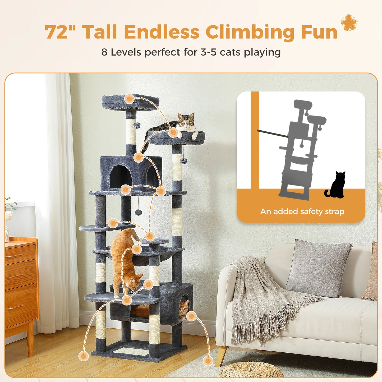 H184CM Large Cat Tower with Sisal Scratching Posts Spacious Condo Perch Stable for Kitten Multi-Level Tower Indoor Cozy Hummocks