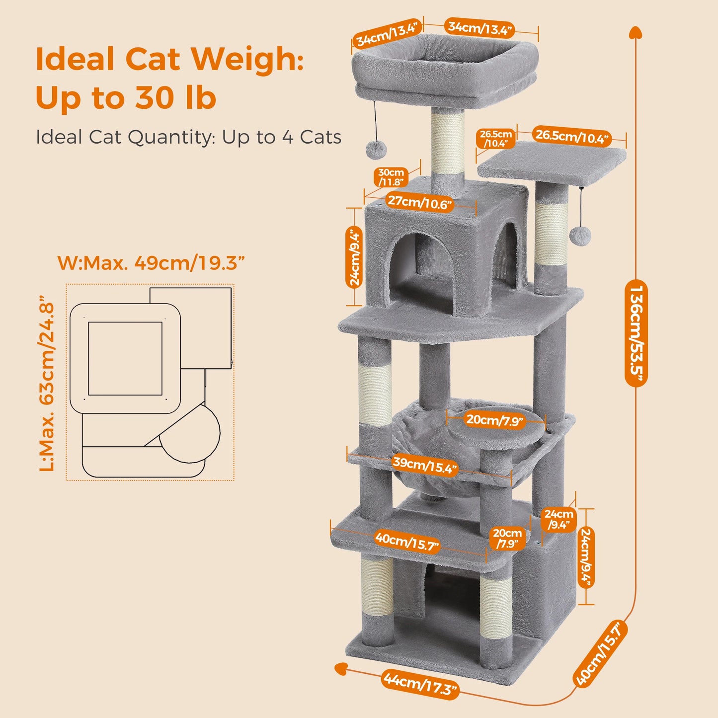 H184CM Large Cat Tower with Sisal Scratching Posts Spacious Condo Perch Stable for Kitten Multi-Level Tower Indoor Cozy Hummocks