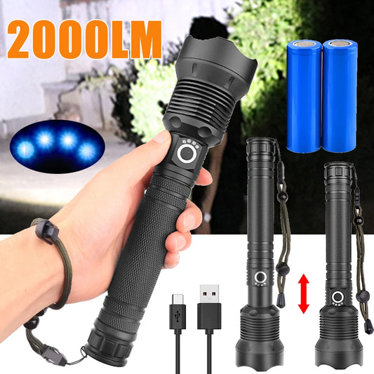 2000LM USB Powerful Flashlight Torch Super Bright Rechargeable Zoom LED Flashlight Camp Lamp Tactical Torch with/without Battery