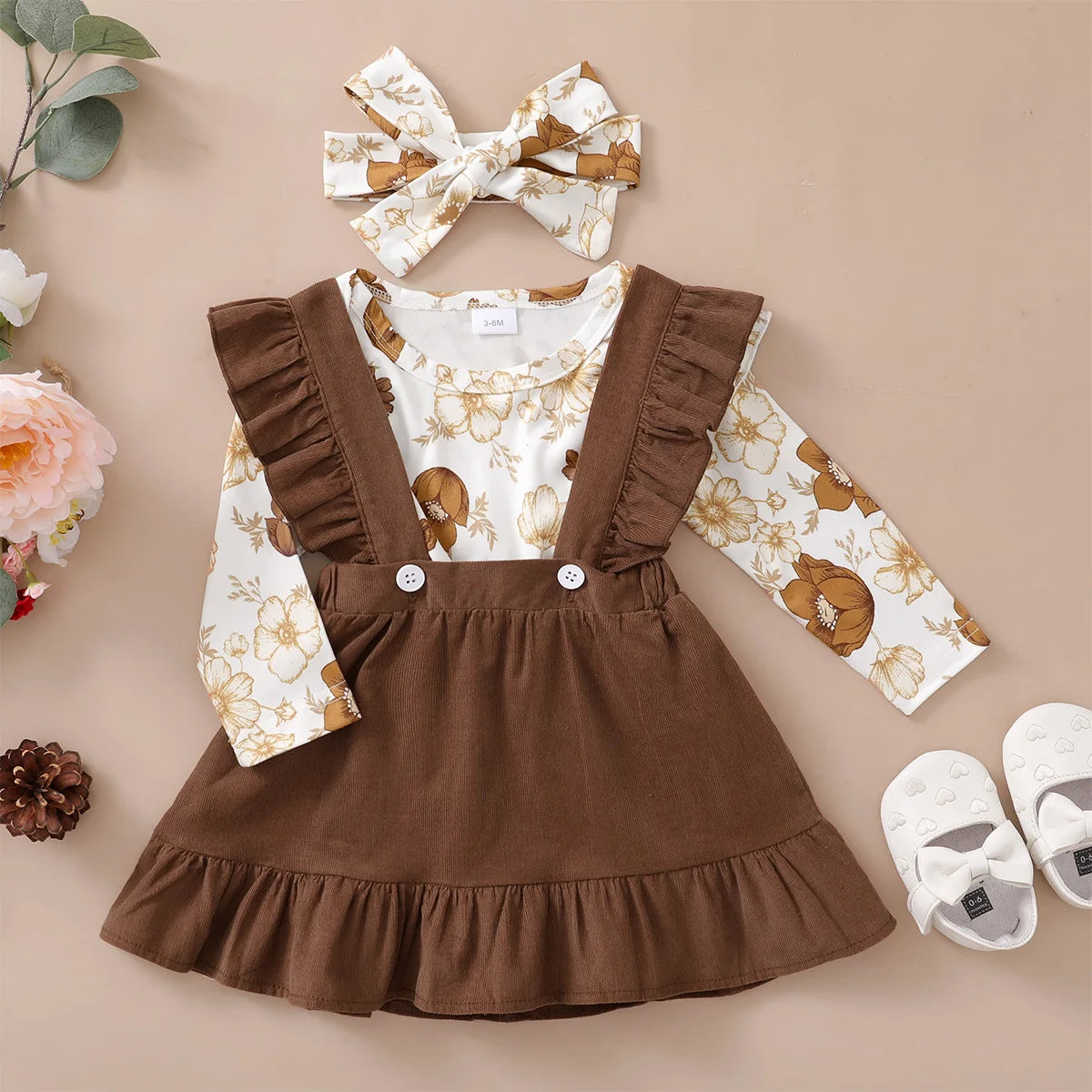 0-12Months Newborn Baby Girl 3PCS Clothes Set Floral Long Sleeve Top+Suspender Skirt+Headwear Fashion Spring&Autumn Daily Outfit