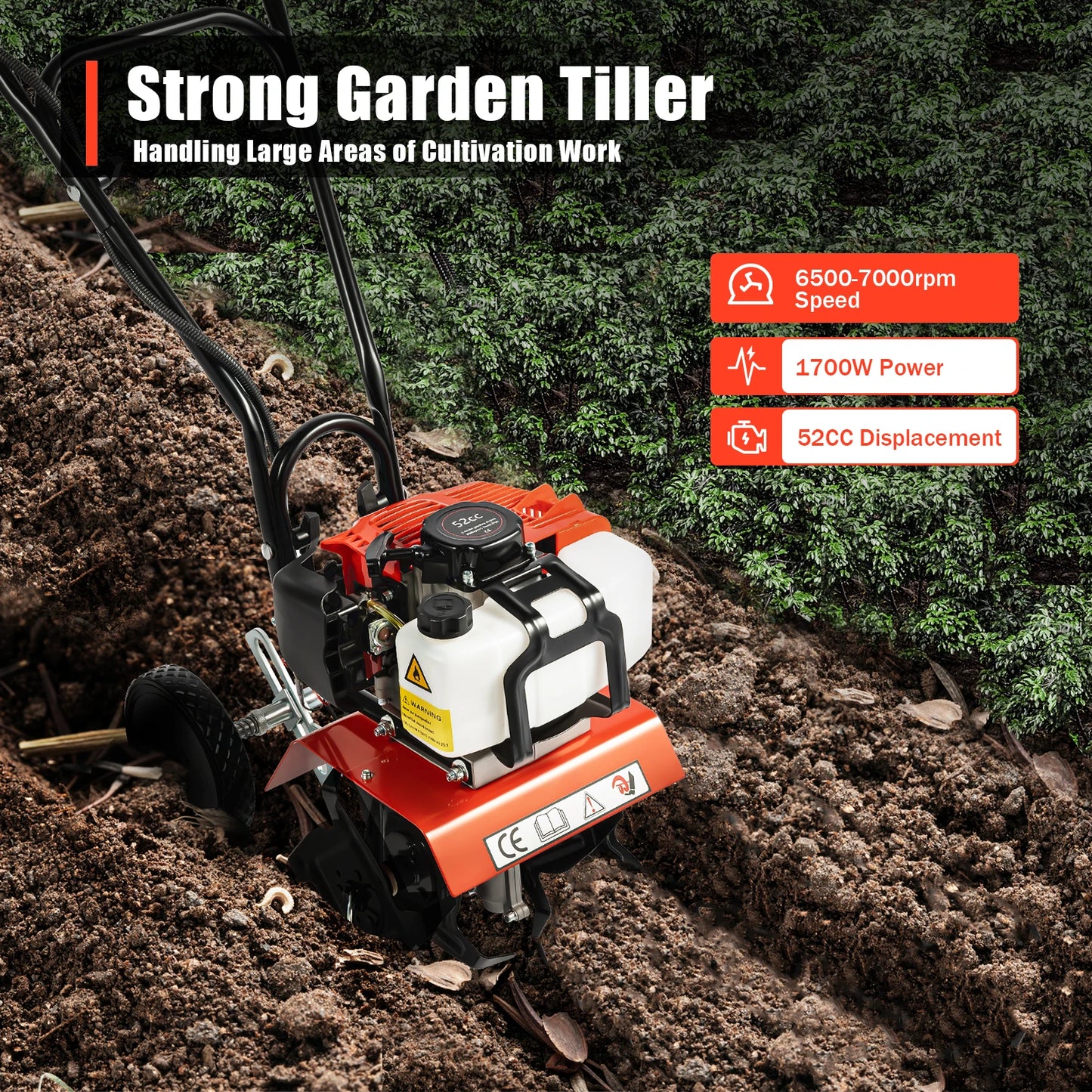 52CC 1700W Garden Gasoline Tiller Cultivator Garden Loosening Soil Machine Gas Powered Tiller Cultivator Rototiller