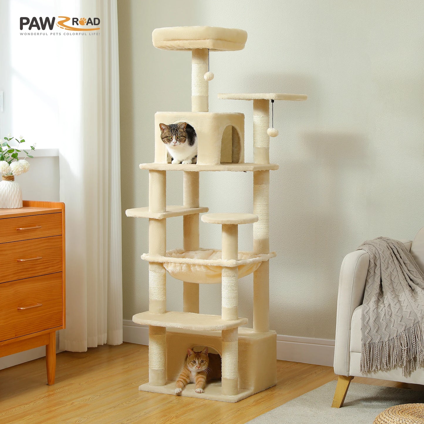 H184CM Large Cat Tower with Sisal Scratching Posts Spacious Condo Perch Stable for Kitten Multi-Level Tower Indoor Cozy Hummocks