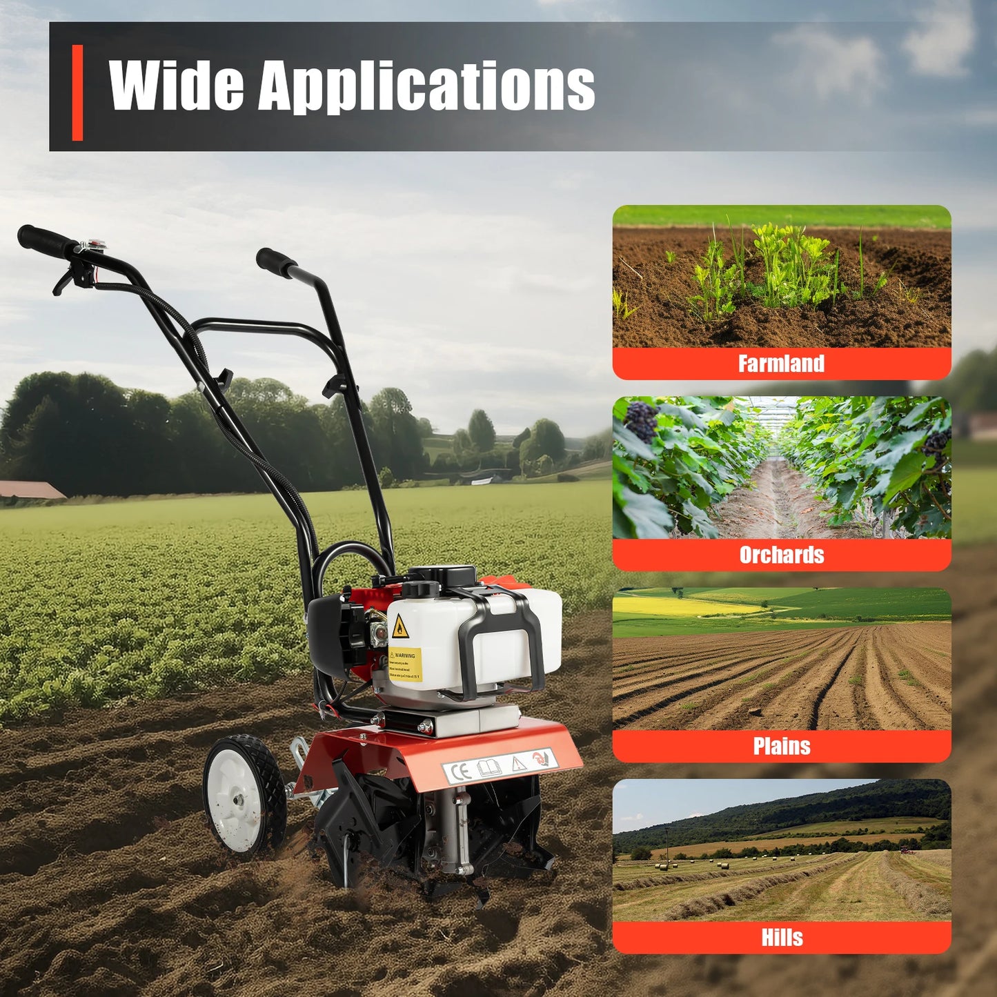 52CC 1700W Garden Gasoline Tiller Cultivator Garden Loosening Soil Machine Gas Powered Tiller Cultivator Rototiller