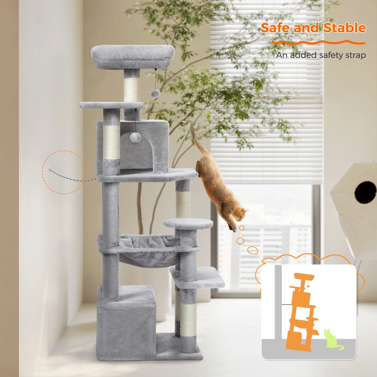 H184CM Large Cat Tower with Sisal Scratching Posts Spacious Condo Perch Stable for Kitten Multi-Level Tower Indoor Cozy Hummocks