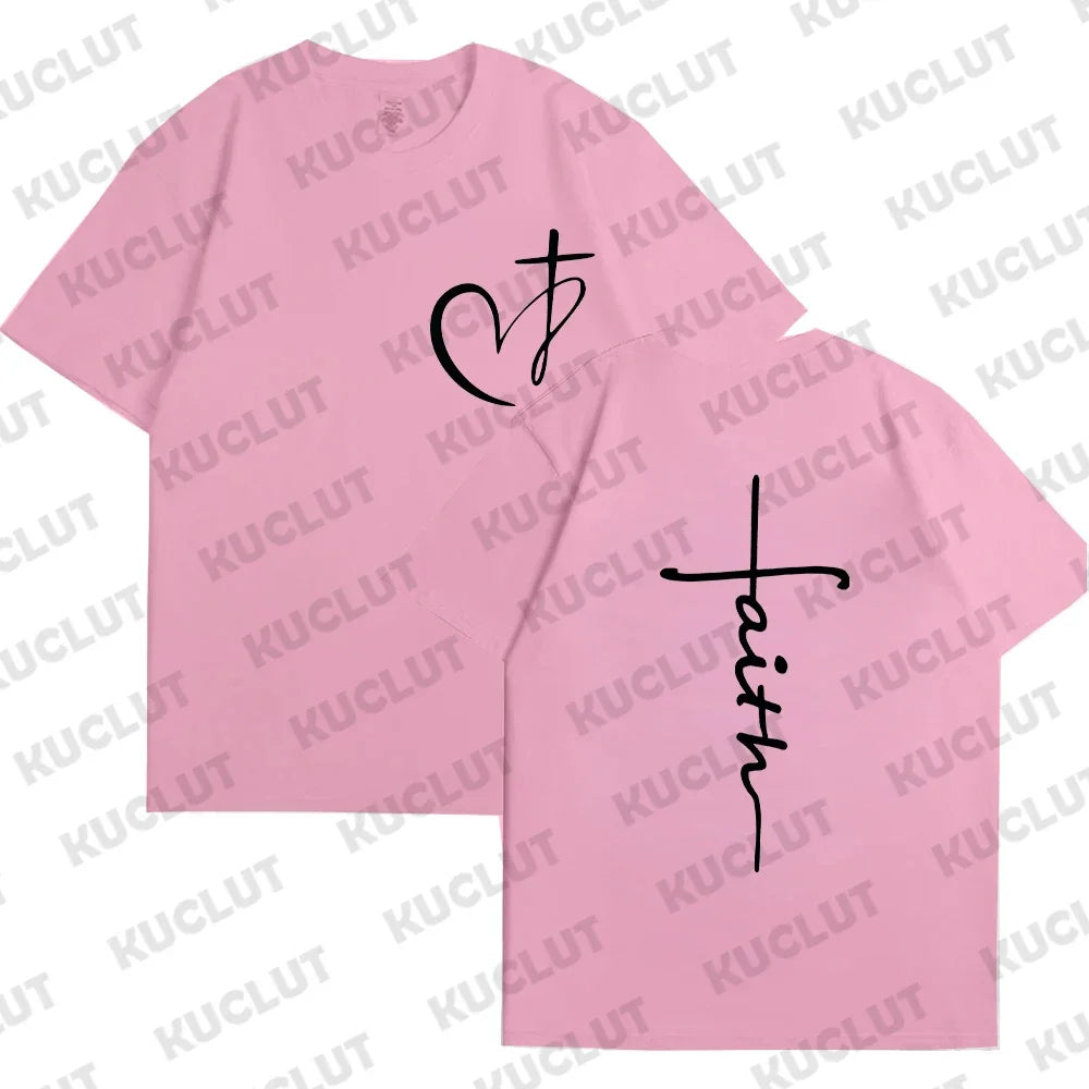 Heart Cross Print Christian T-shirt for Men Clothes Faith Male T-shirts Summer Plus Size Tee Shirt Oversized T Shirt Jesus Tops