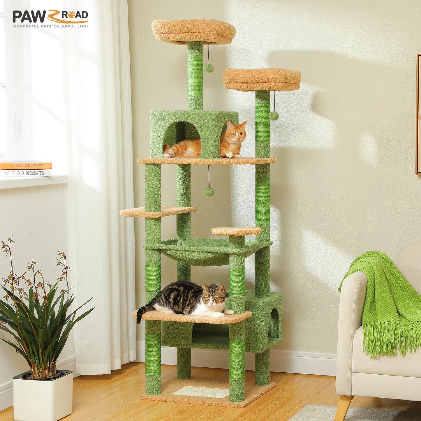 H184CM Large Cat Tower with Sisal Scratching Posts Spacious Condo Perch Stable for Kitten Multi-Level Tower Indoor Cozy Hummocks