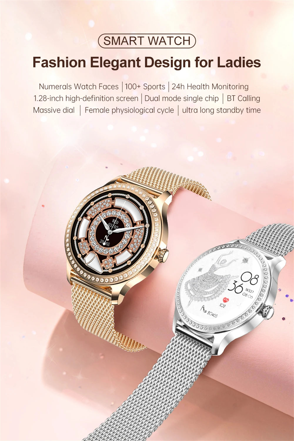 Diamond-studded Smart Watch 2024 For Women Lovely Steel Sport Watch Bluetooth Call Fitness bracelet Heart Rate Ladies Smartwatch