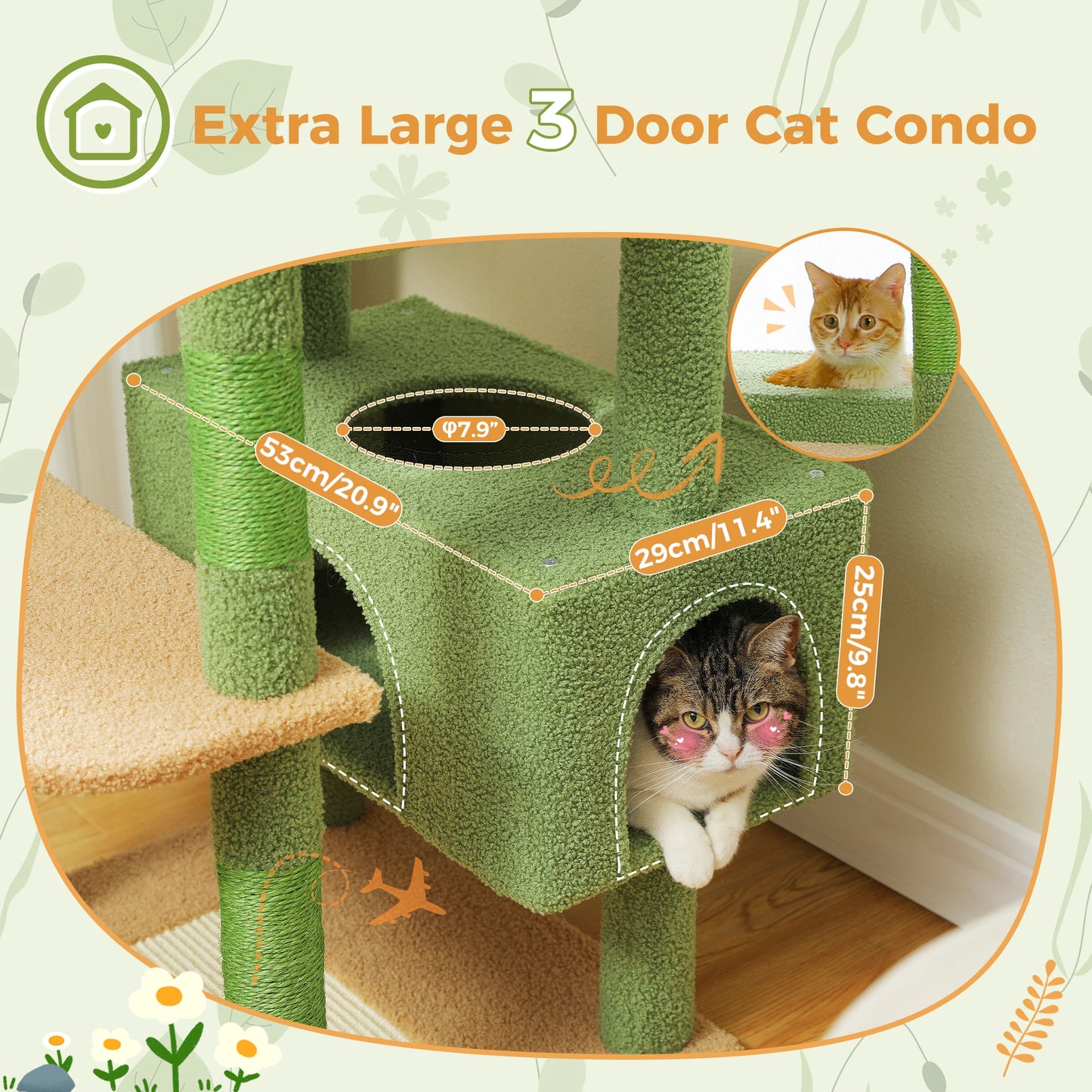 H184CM Large Cat Tower with Sisal Scratching Posts Spacious Condo Perch Stable for Kitten Multi-Level Tower Indoor Cozy Hummocks