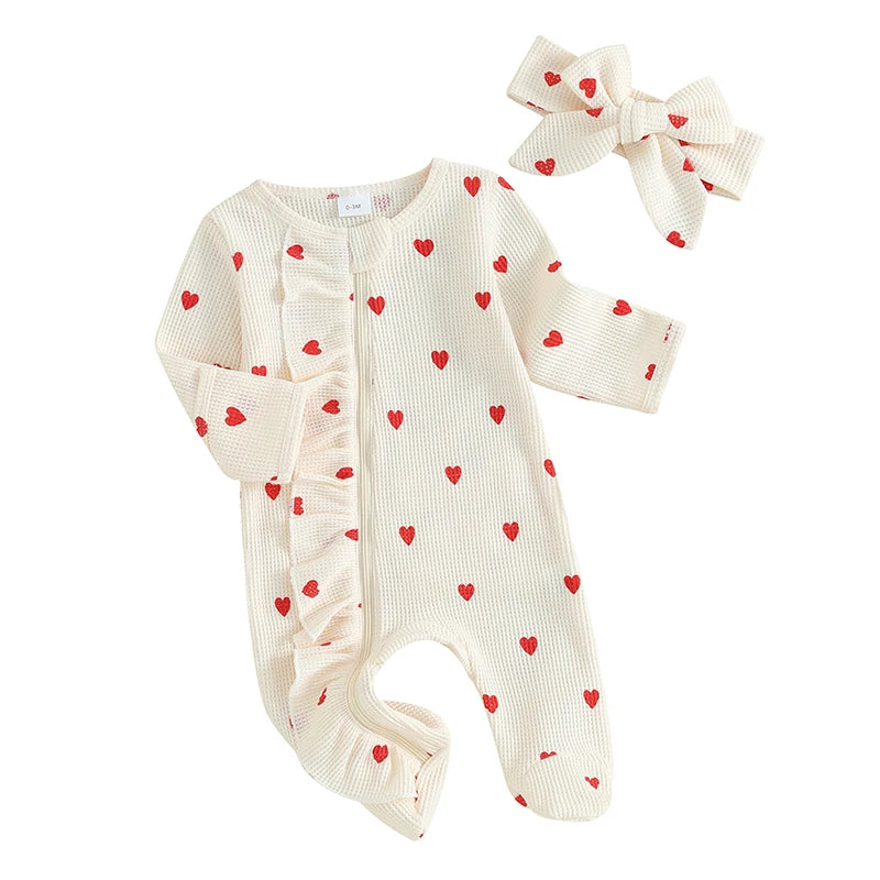 0-6M Newborn Baby Girl Valentines Day Outfit Ruffle Heart Long Sleeve Footie Waffle Romper Headband Set