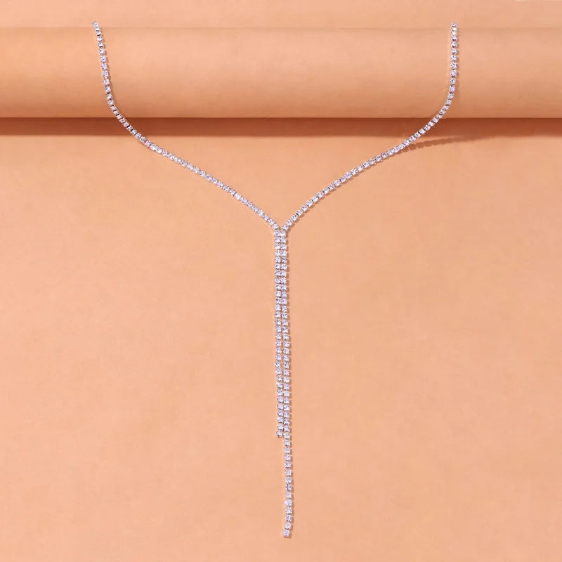 Stonefans Fashion Rhinestone Y Shape Long Necklace Boho Jewelry for Women Simple Thin Chain Tassel Choker Necklace Collar Gift